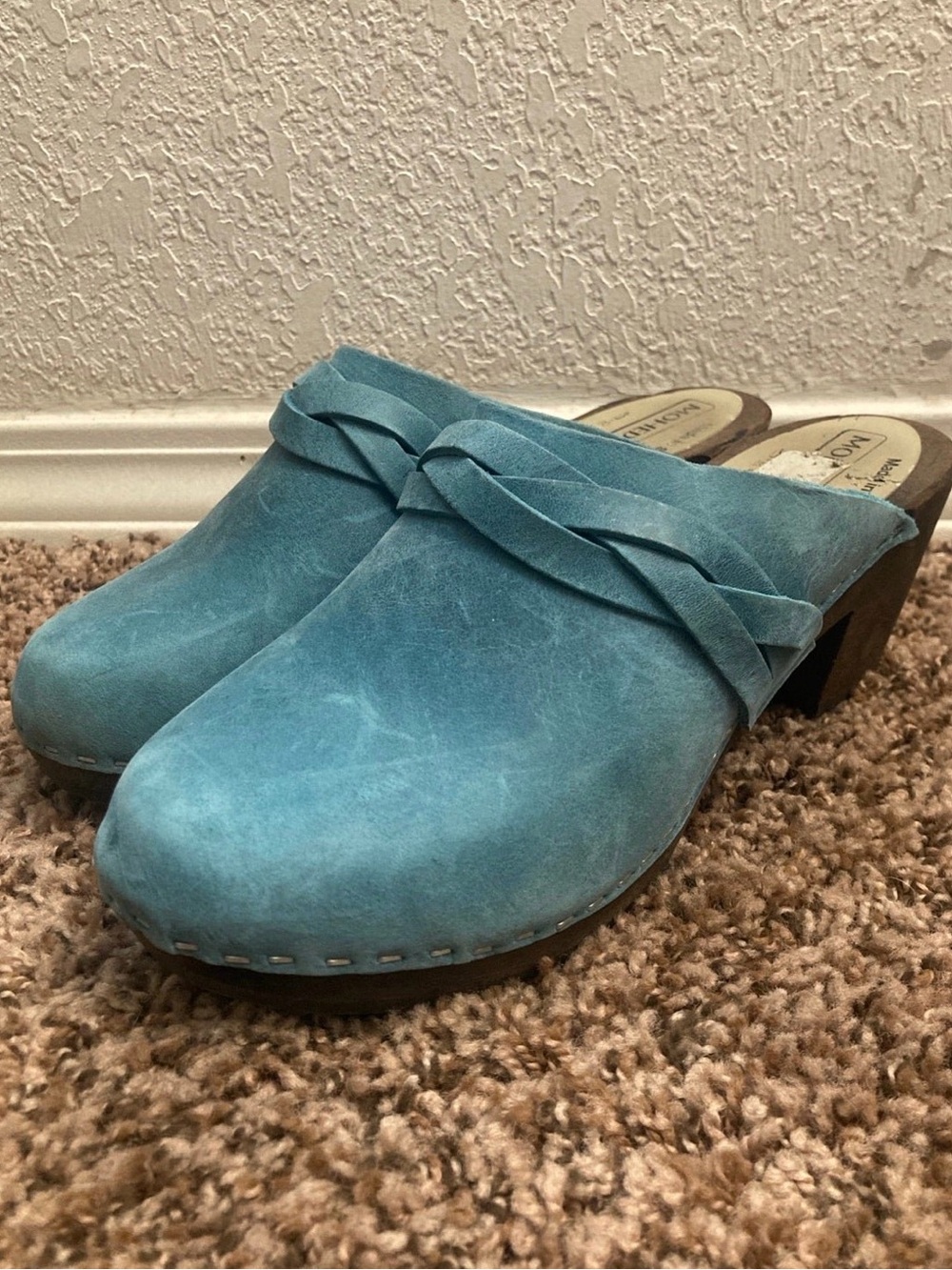 Leather Knot-Detail Teal Clog Mules